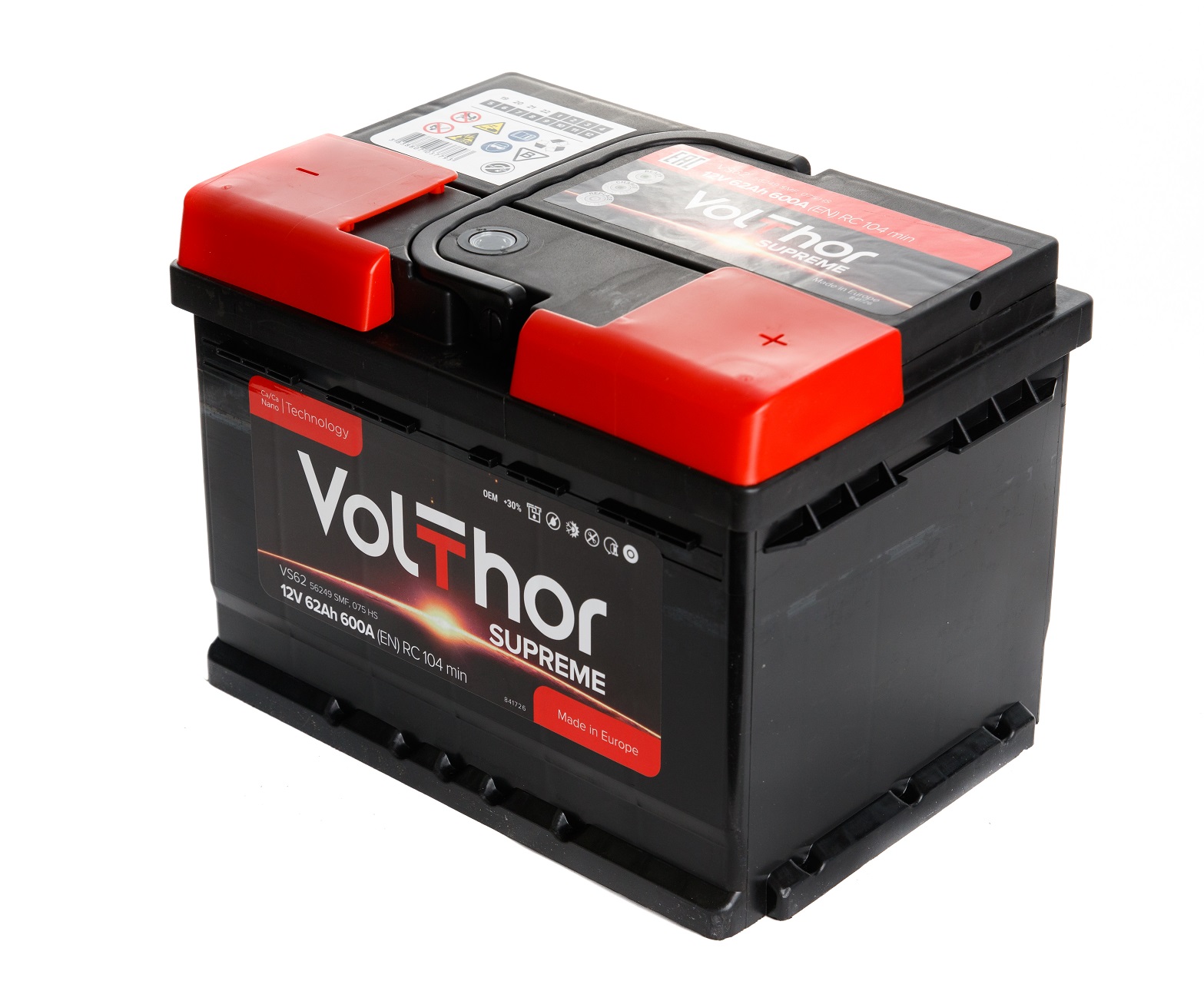 Акумулятор легковий VOLTHOR Supreme 62Ah, 12B, 600A плюс праворуч (R+) кальцієвий (Ca/Ca) 242X175X175мм (301062)